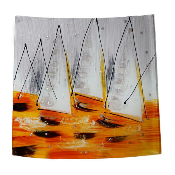 Glasplatte orange/weiß maritim Boote viereckig, 24 cm