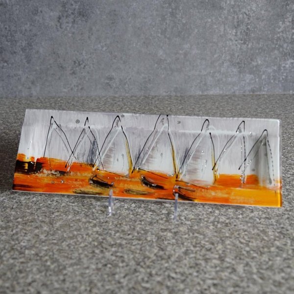 Glasplatte orange/weiß maritim Boote rechteckig, 40 cm