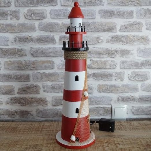 Leuchtturm mit Licht Holz rot/weiß