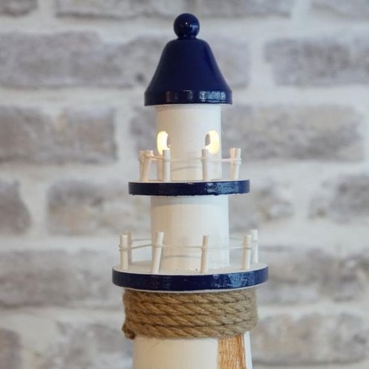 Leuchtturm mit Licht Holz blau/weiß