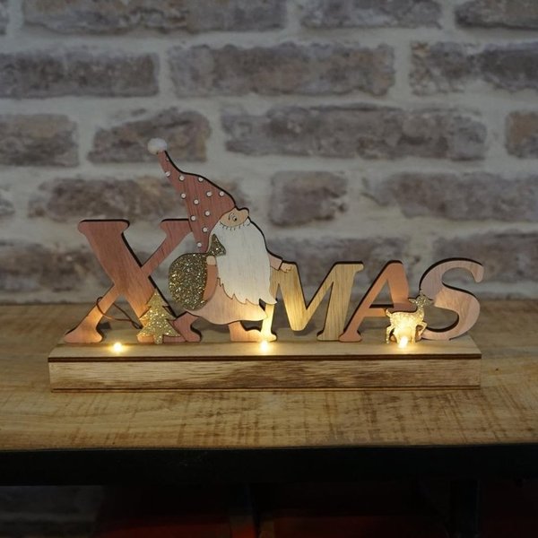 Træ bogstaver XMAS med julemand ogmed belysning lyserød