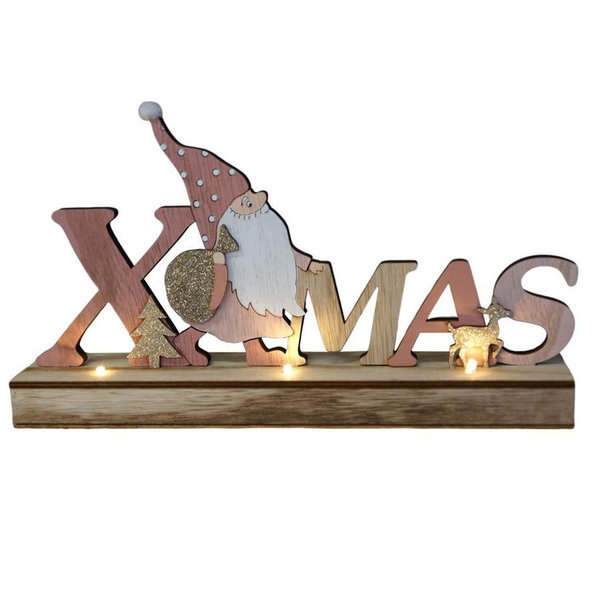 Holz-Schriftzug XMAS rosa mit Weihnachtsmann LED Beleuchtung