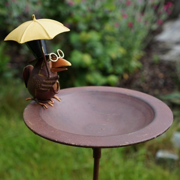 Gartenstecker Vogeltränke Rabe mit Schirm, Metall