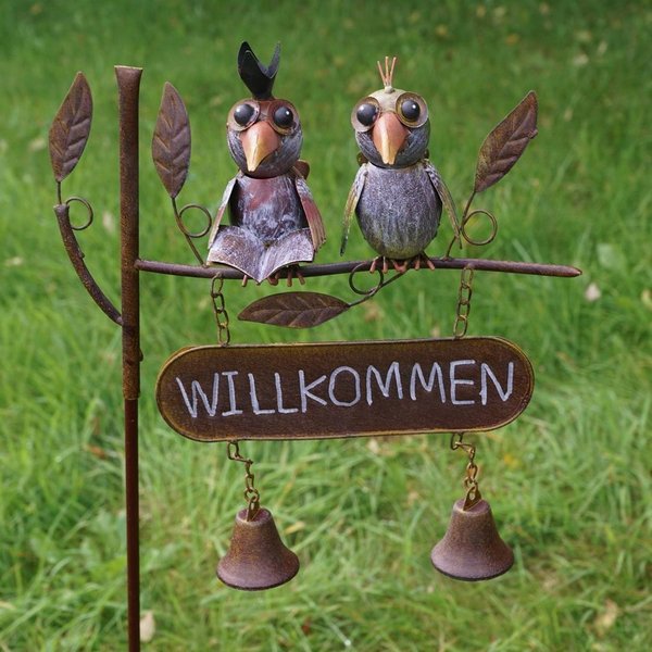 Gartenstecker Schild Willkommen 2 Vögel, 2 Glocken Metall