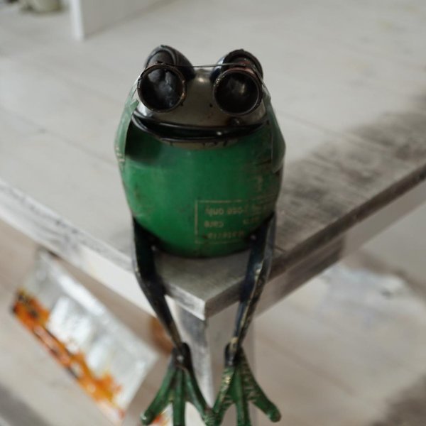 Metallfigur Frosch mit Fernglas Upcycling Handarbeit