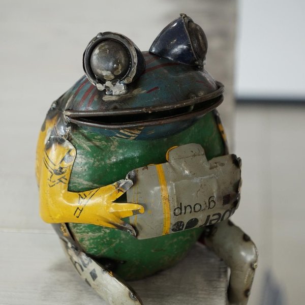 Metallfigur Frosch mit Fotoapparat Upcycling Handarbeit