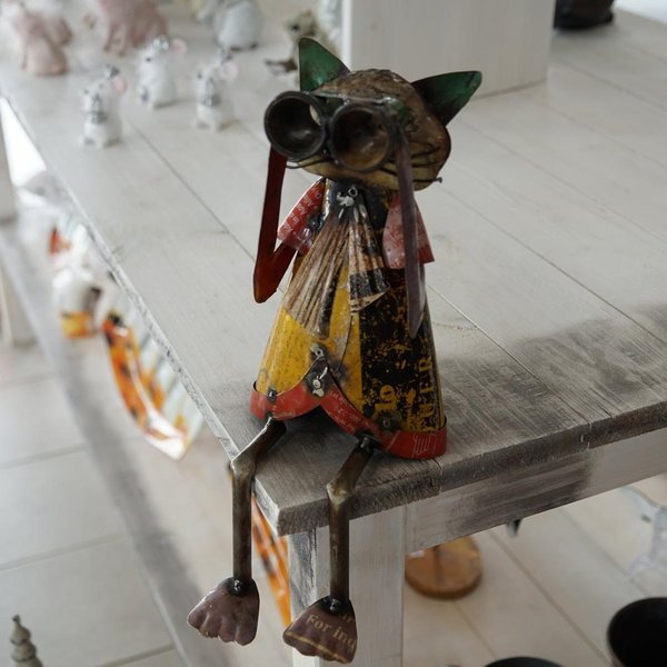 Metallfigur Katze mit Fernglas Upcycling Handarbeit