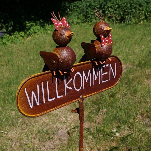 Gartenstecker Schild Willkommen mit zwei Vögeln