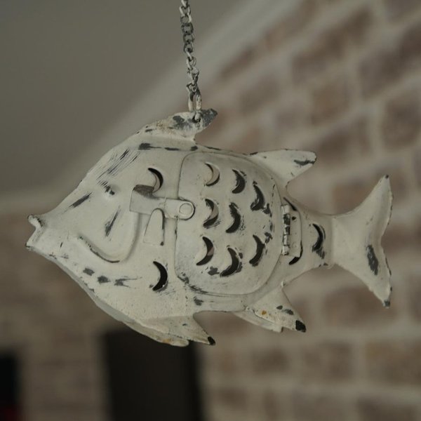 Deko Fisch Windlicht zum Hängen Metall weiß