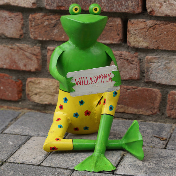 Figur Frosch mit Schild "Willkommen"