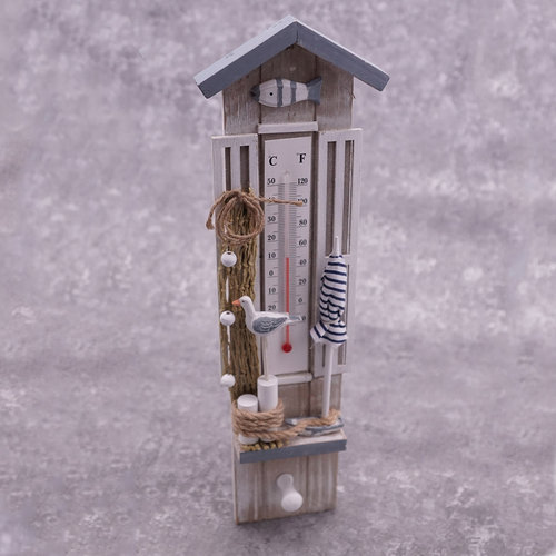 Thermometer maritim Holz mit Haken, Antikweiß/grau/hellblau