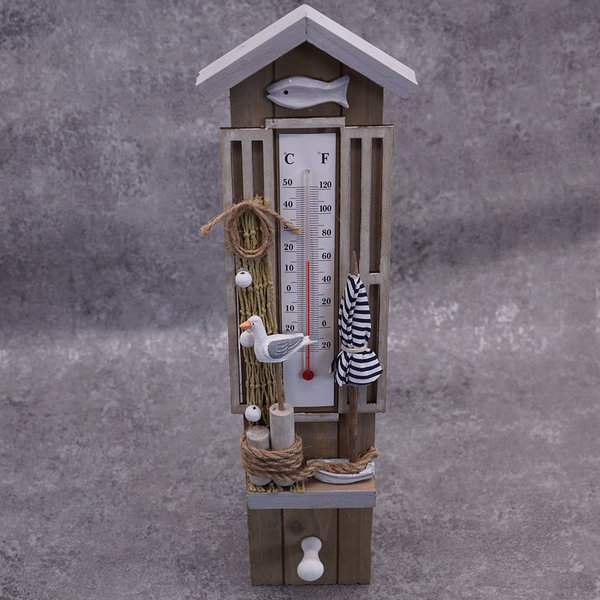 Thermometer maritim Holz mit Haken, Antikweiß/braun