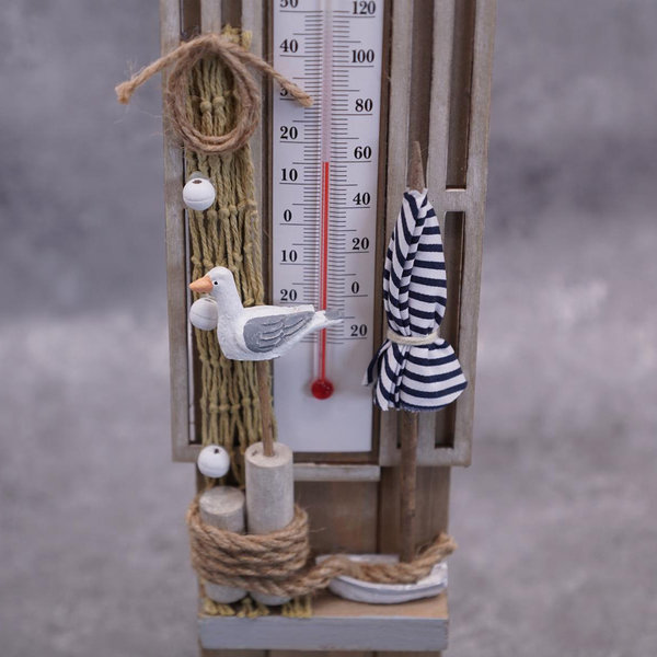 Thermometer maritim Holz mit Haken, Antikweiß/braun