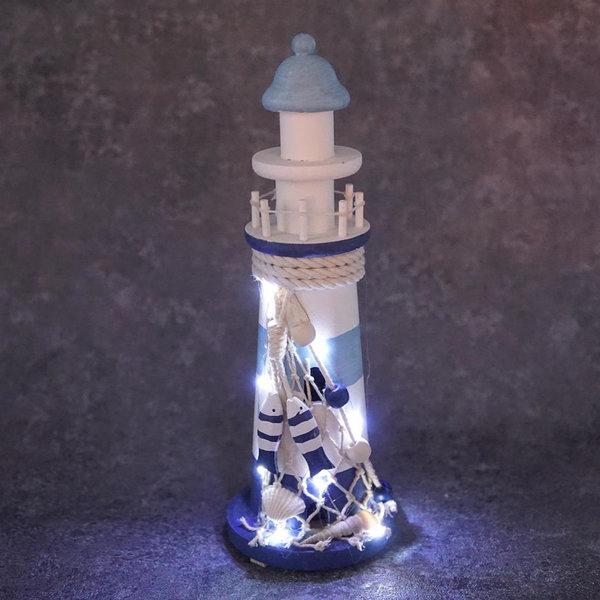 Leuchtturm LED Beleuchtung mit Netz und Fischen Holz 28 cm