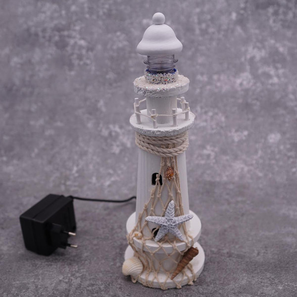 Leuchtturm weiß mit Licht  Holz 28 cm