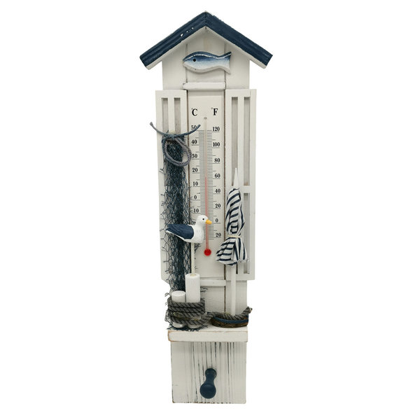 Thermometer Holz mit Haken maritim Möwe und Schirm, weiß/dunkelblau